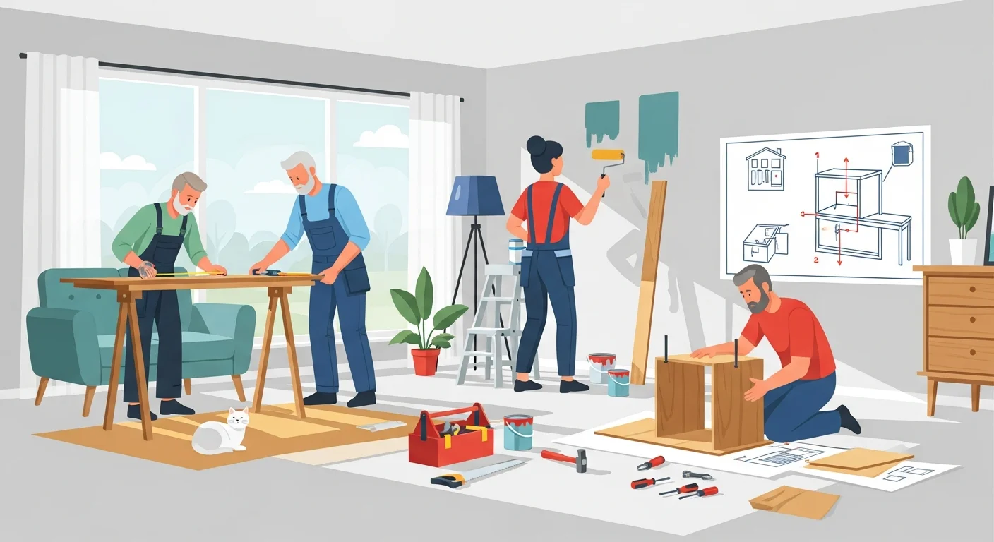 Finnish family working together on a DIY home improvement project, showing the spirit of Taloustalkoot