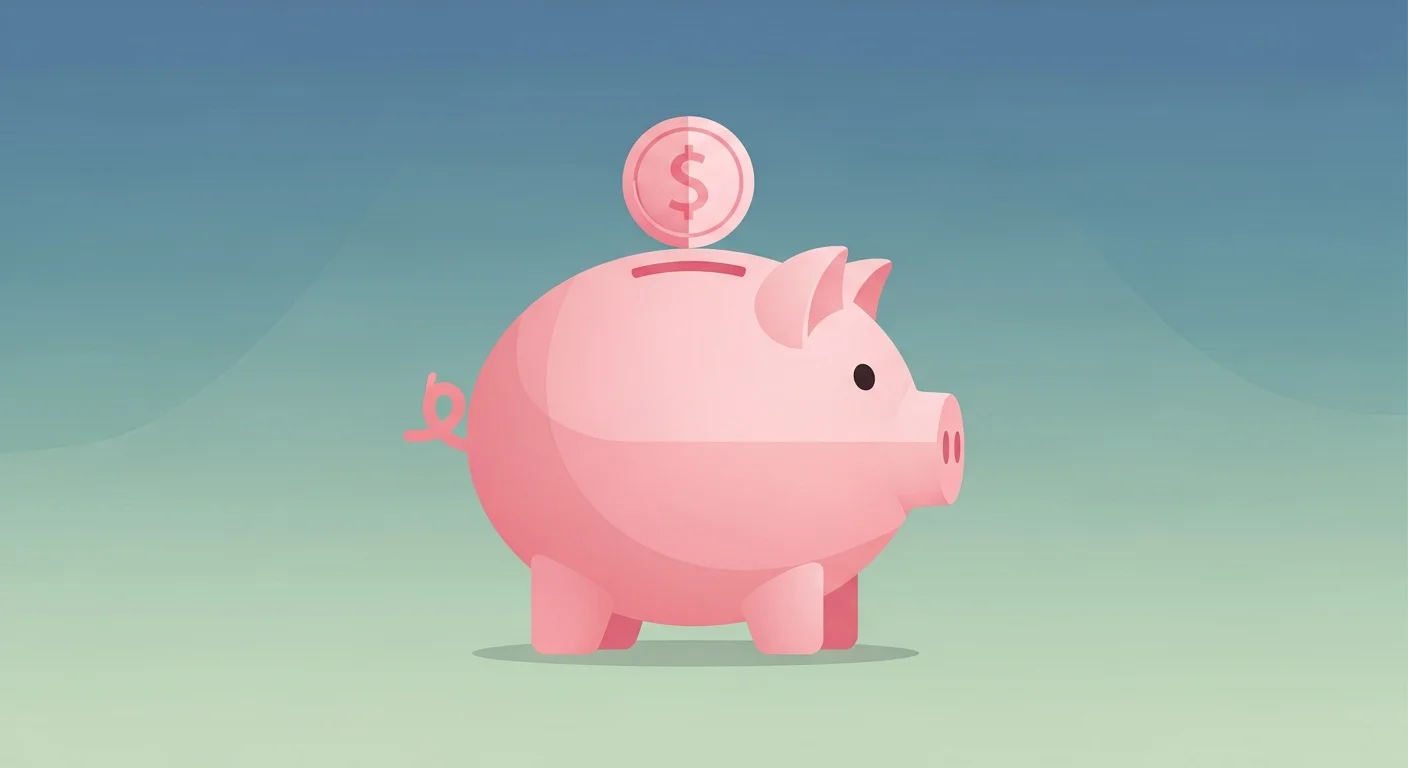 Flashcard illustration showing the Finnish phrase "Säästä rahaa" with an image of a piggy bank.