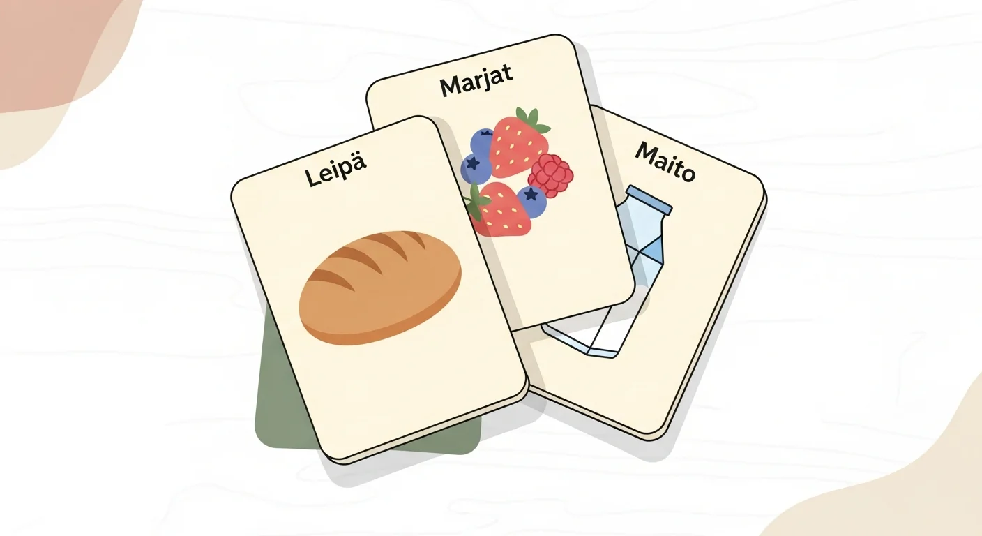 Vocabulary flashcards depicting items commonly found in a Kyläkauppa, such as "leipä" (bread), "maito" (milk), and "marjat" (berries)