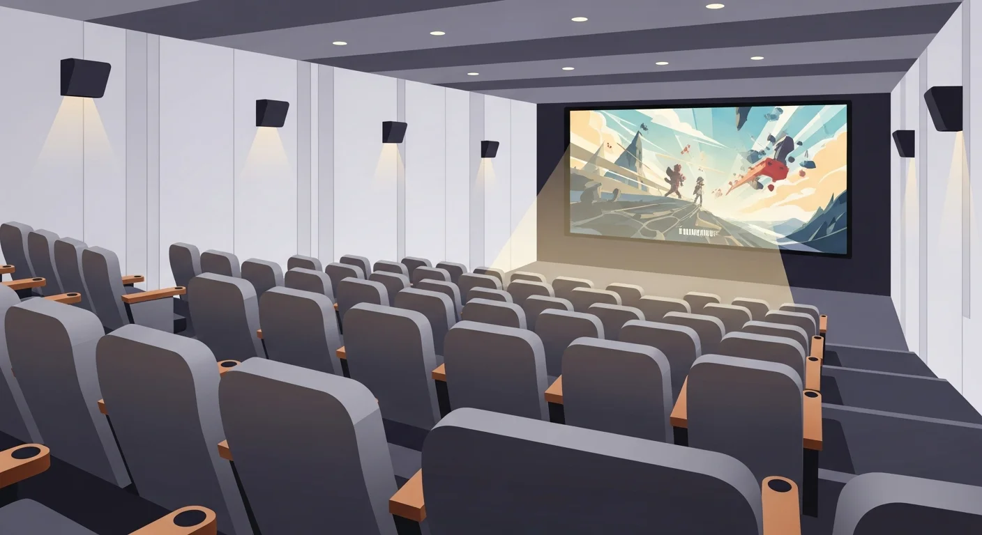 Interior of a Finnish movie theater with comfortable seating and a large screen showing a movie trailer.