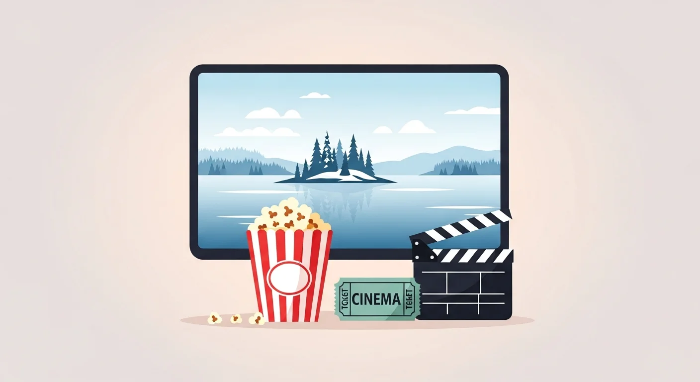 Educational flashcard-style illustration featuring Finnish movie-related vocabulary like "elokuva," "lippu," and "popcorn."