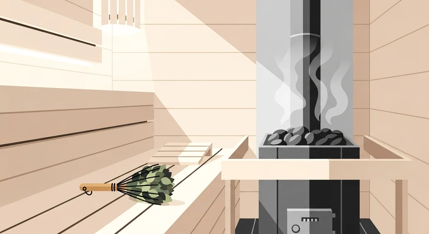 Illustration of a sauna scene with speech bubbles pointing to key elements like "kiuas", "löyly", and "vihta" with Finnish translations.