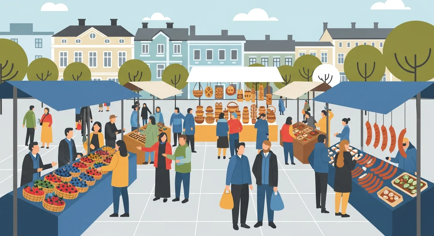 A bustling Finnish market square with vendors selling berries, handicrafts, and sausages, with people chatting and enjoying the atmosphere