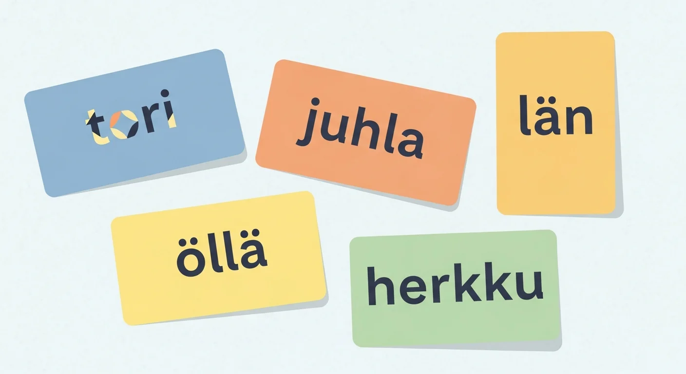Colorful flashcards with Finnish words related to markets and festivals, like "tori," "juhla," and "herkku."