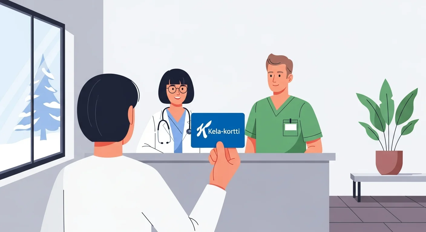 Illustration of a person presenting a Kela-kortti at a doctor's office, with friendly doctors and nurses in the background.