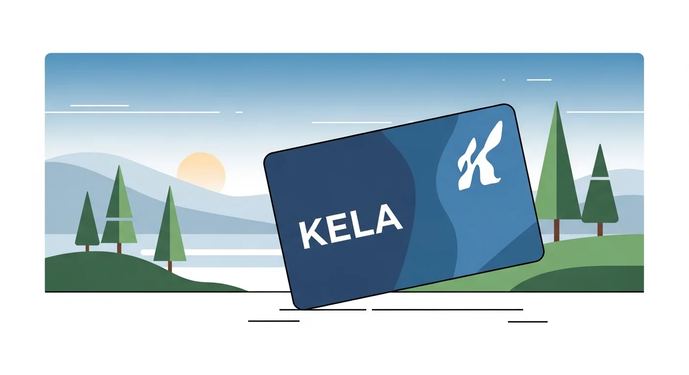 Educational flashcard-style illustration showing the Kela logo and a Kela-kortti, with speech bubbles containing useful Finnish phrases.