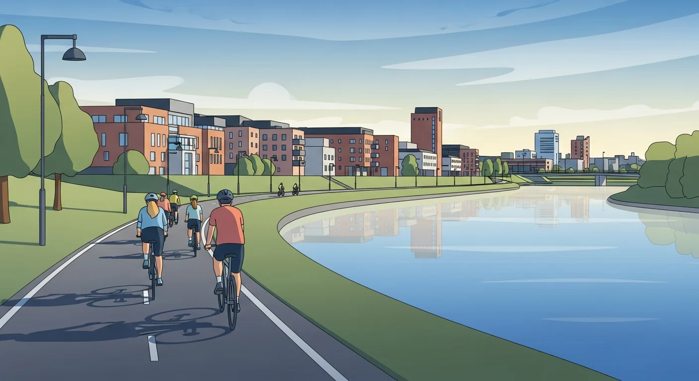 Cyclists riding along a scenic bike path in Oulu with the Oulu River in the background