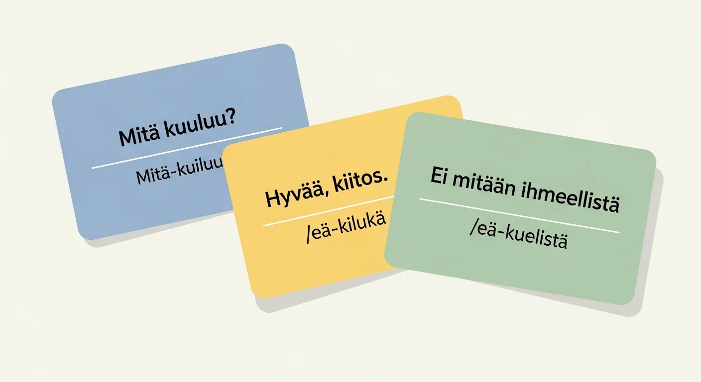 Colorful flashcards showing the phrases "Mitä kuuluu?", "Hyvää, kiitos.", and "Ei mitään ihmeellistä" with phonetic pronunciation guides.