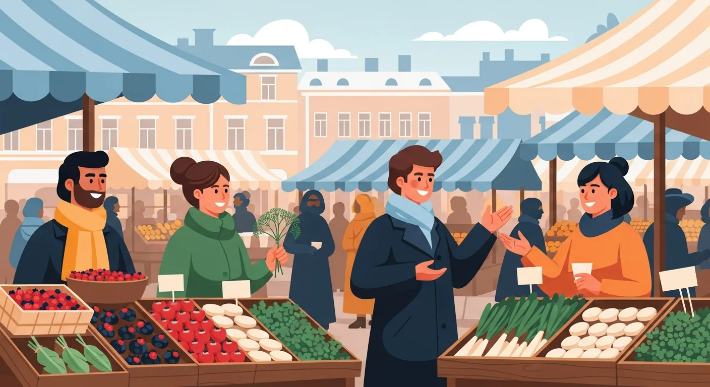 description of a warm illustration connecting language to daily Finnish life, showing people chatting at a market with fresh produce.