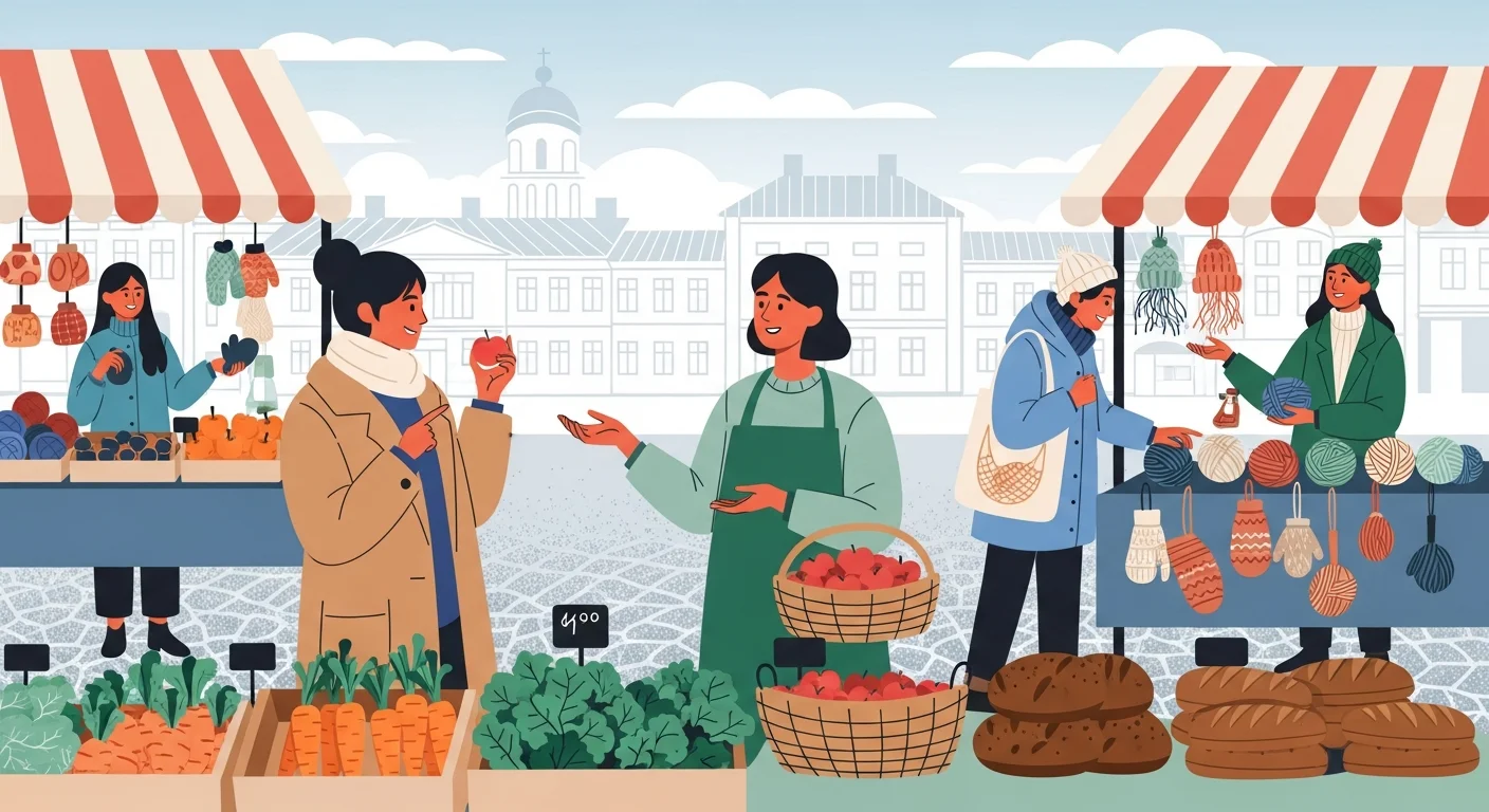 description of a warm illustration connecting language to daily Finnish life showing people interacting in a market, asking prices and other questions.