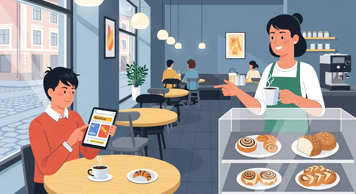 Cheerful illustration of a student practicing Finnish at a café, ordering coffee and a pastry.