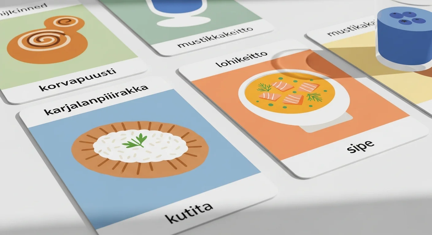 Colorful flashcards showing Finnish greeting phrases with pronunciation and pictures of Finnish food.