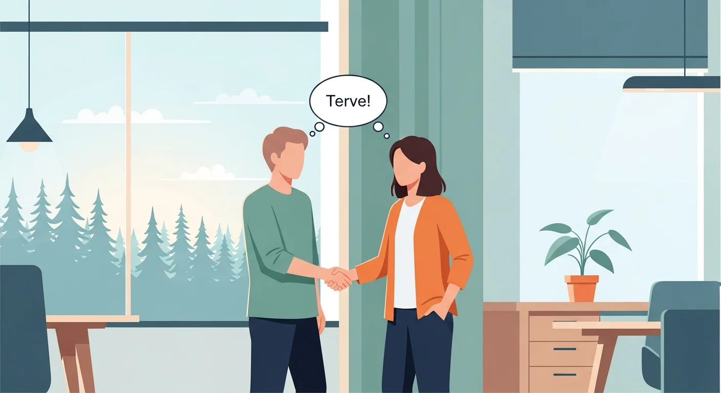 Illustration of two colleagues shaking hands in a modern office space in Finland, with a thought bubble showing the word "Terve!"