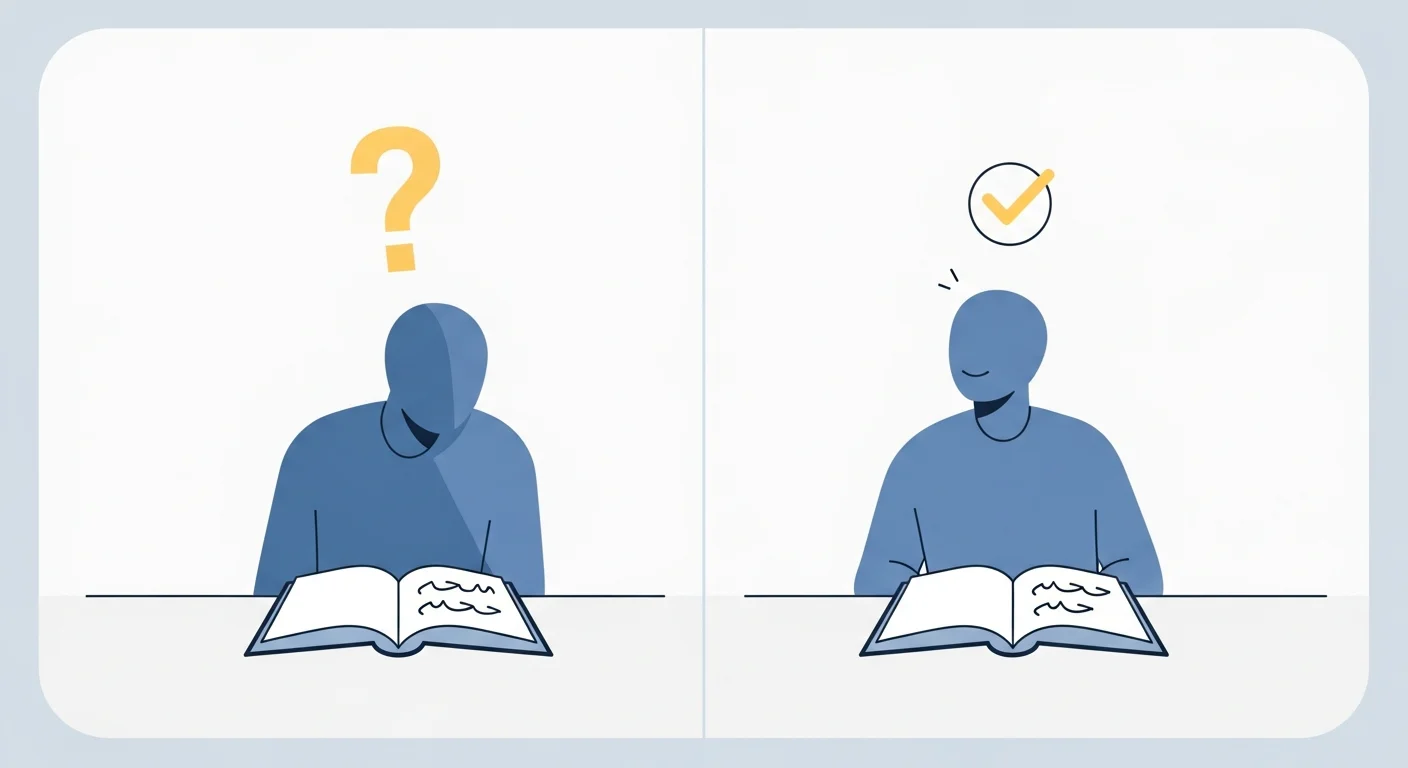 Illustration of a language learner looking at a Finnish phrasebook with a confused expression, then a happy expression as they understand the greeting.