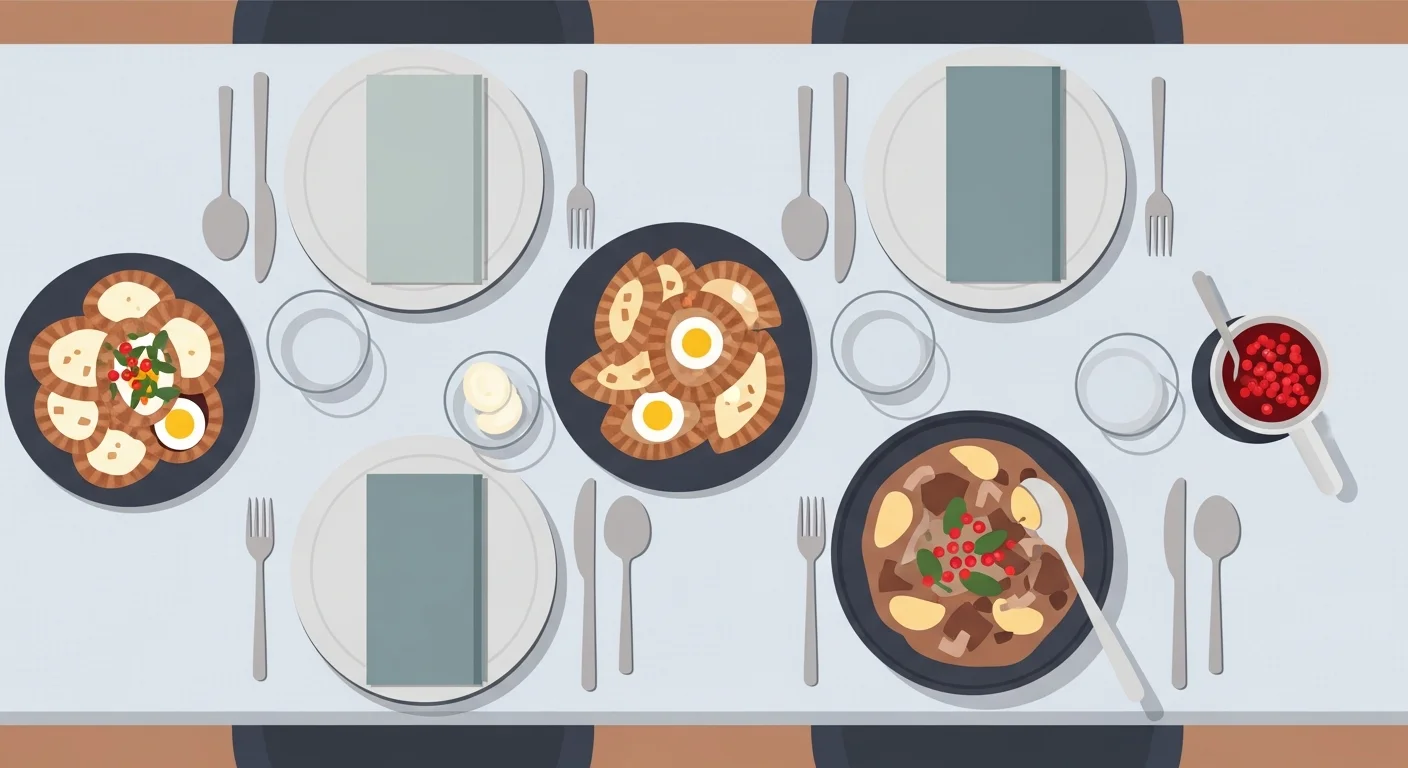 A beautifully set Finnish dinner table with traditional dishes, including Karelian pies and reindeer stew