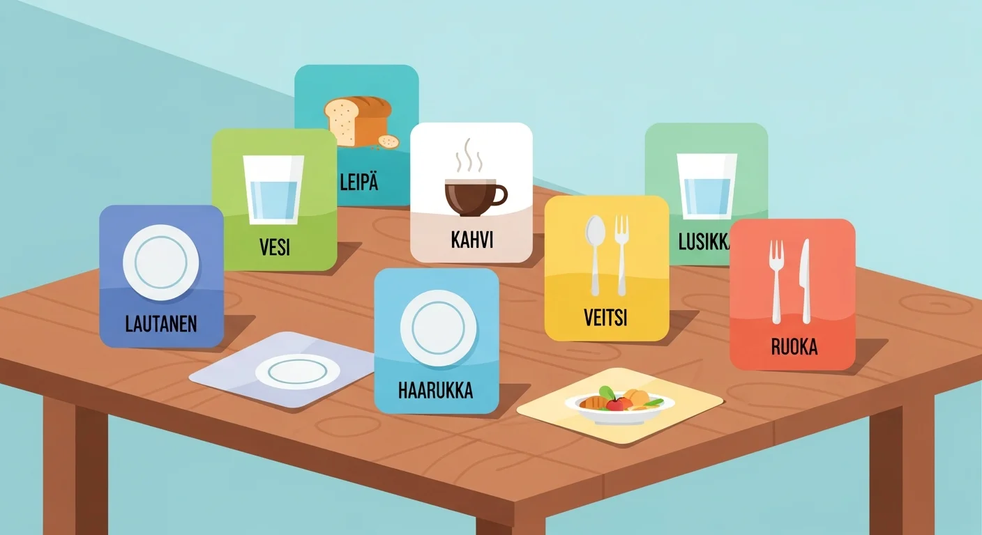 Colorful vocabulary flashcards showing Finnish words for different types of food and table settings