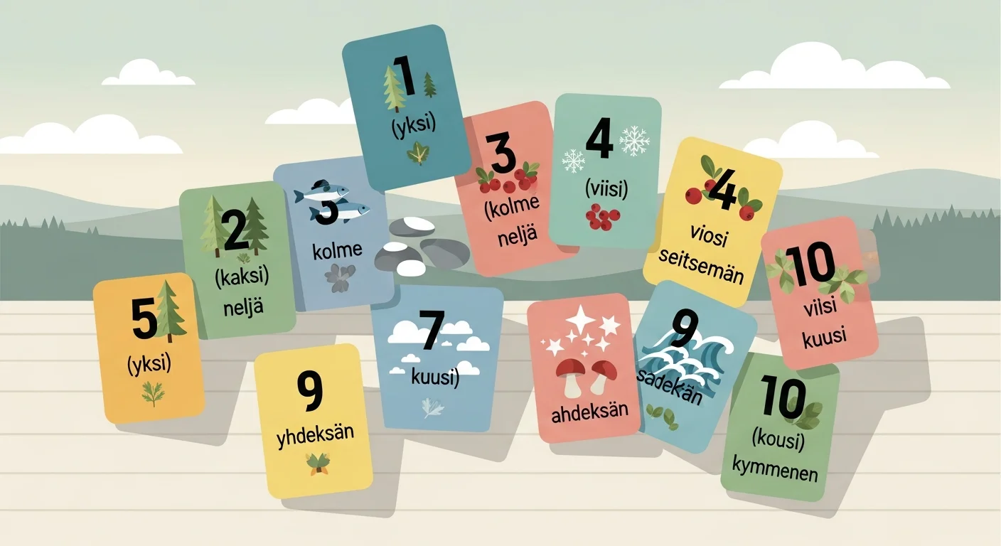 Colorful flashcards showing Finnish numbers 1-10 with phonetic pronunciation and illustrations of objects representing the quantity.
