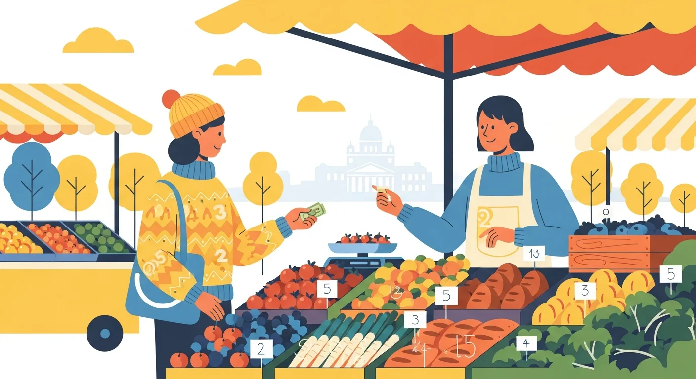 description of a warm illustration connecting language to daily Finnish life, showing a person using Finnish numbers while buying groceries at a local market.