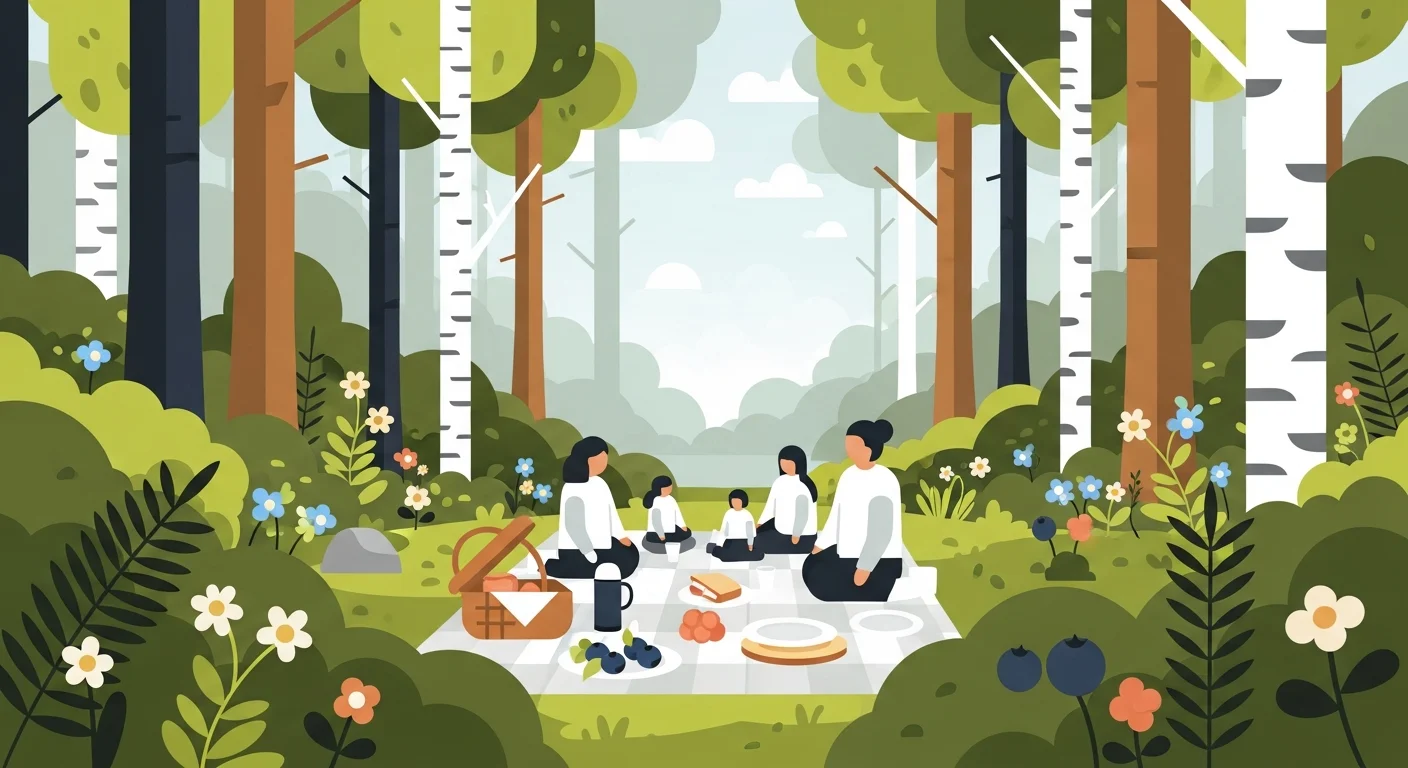 Family having a picnic in a Finnish forest, surrounded by lush greenery and colorful wildflowers.