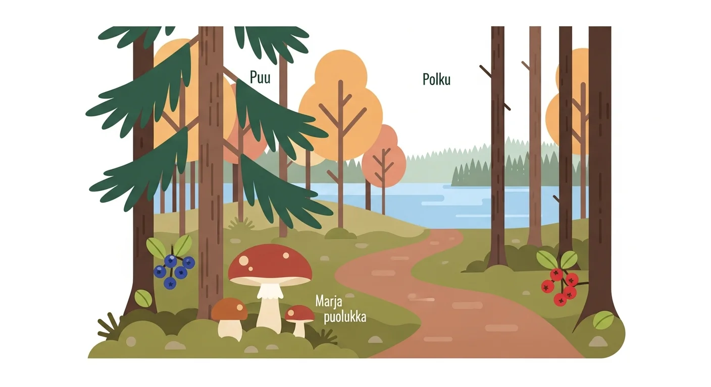 Vocabulary flashcard illustration showing Finnish words related to the forest: "puu," "sieni," "marja," "polku," "järvi."