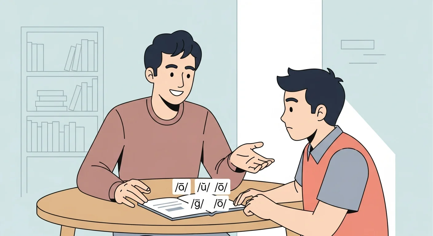 Cheerful illustration of a language tutor helping a student with pronunciation, showing phonetic symbols and encouraging gestures