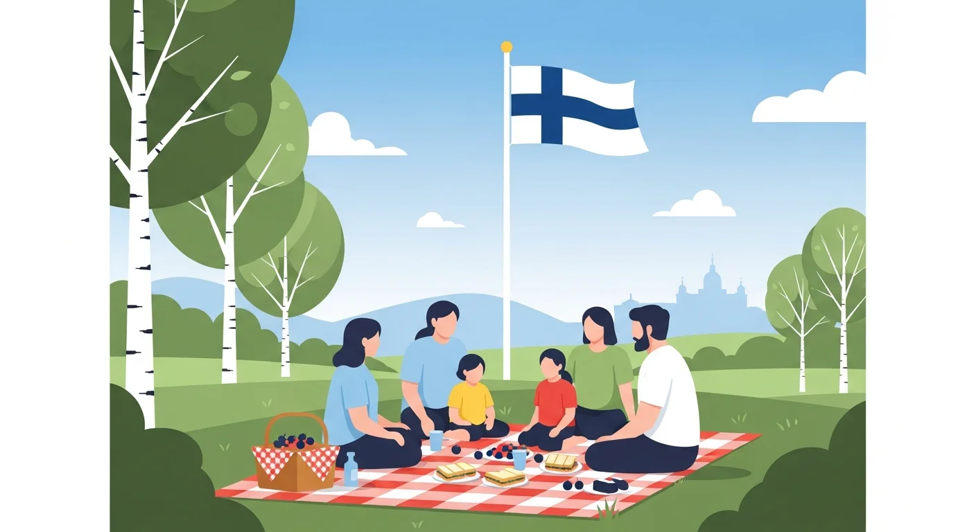 Illustration of a family having a picnic in a Finnish park, with the Finnish flag waving in the background.