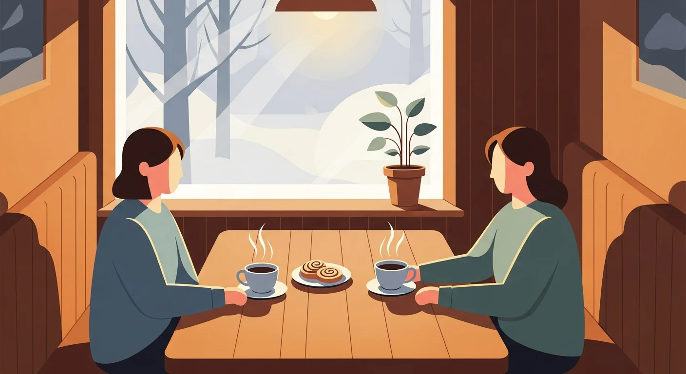 A warm illustration of Finns enjoying coffee in a cafe, subtly representing the idea of existence and community.