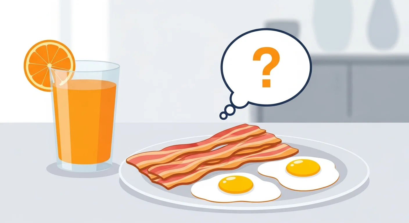 Close-up of a Finnish breakfast table with "pekoni" (streaky bacon), eggs, and "appelsiini" juice. A thought bubble shows a confused learner thinking "bacon?" pointing at the pekoni.