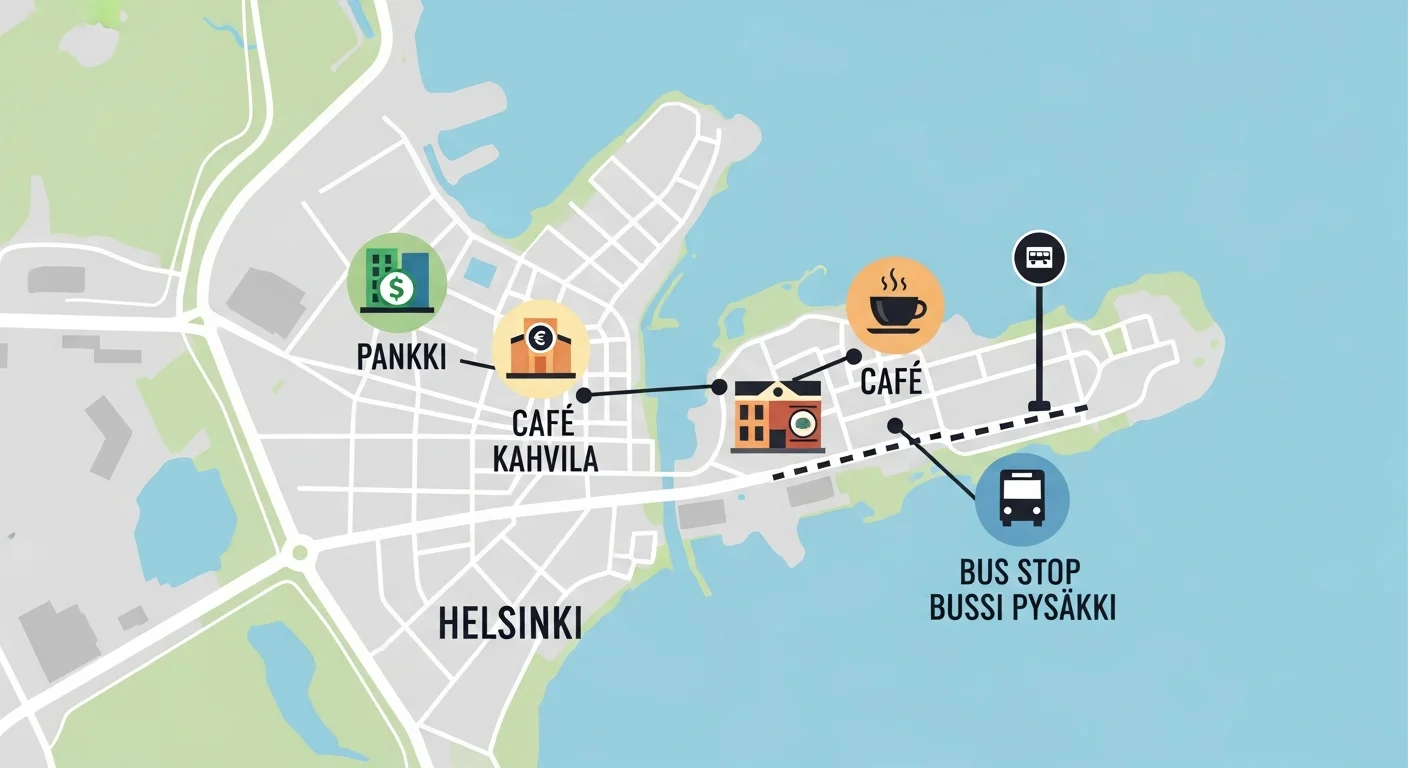 A map of Helsinki highlighting locations where loanwords might be used: a bank (pankki), a cafe (kahvila), and a bus stop (bussi pysäkki).
