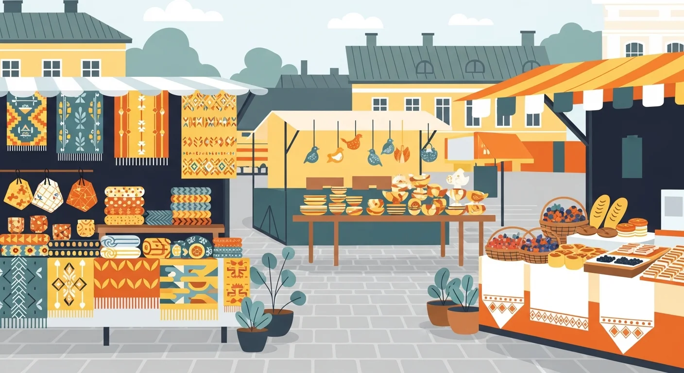 A vibrant Finnish market scene promoting shopping small.