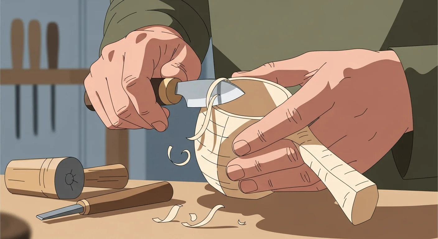 Close-up of a Finnish artisan meticulously crafting a wooden kuksa with traditional tools.