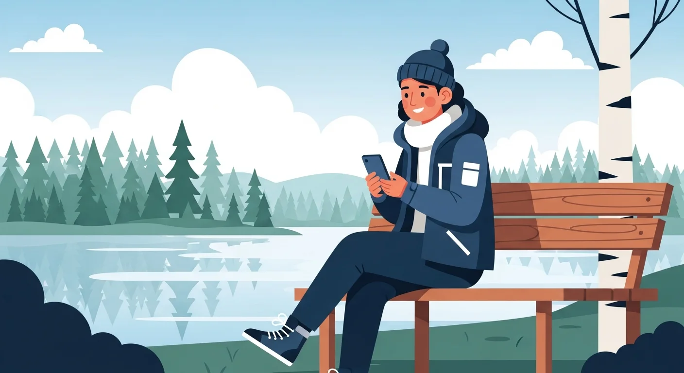 Cheerful illustration of a Finn using a mobile phone outdoors with a friendly smile