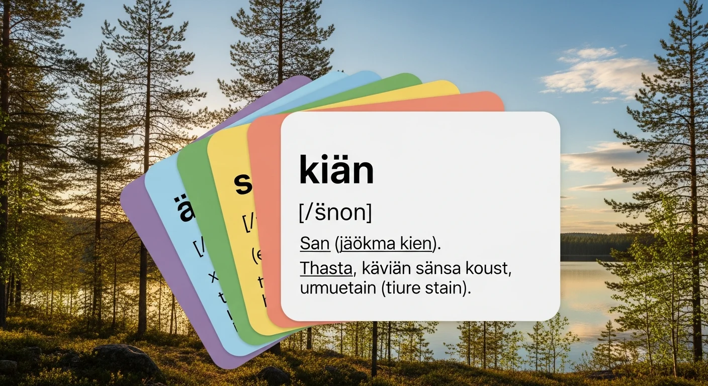 Colorful flashcards showing Finnish question words with pronunciation guides and example sentences.