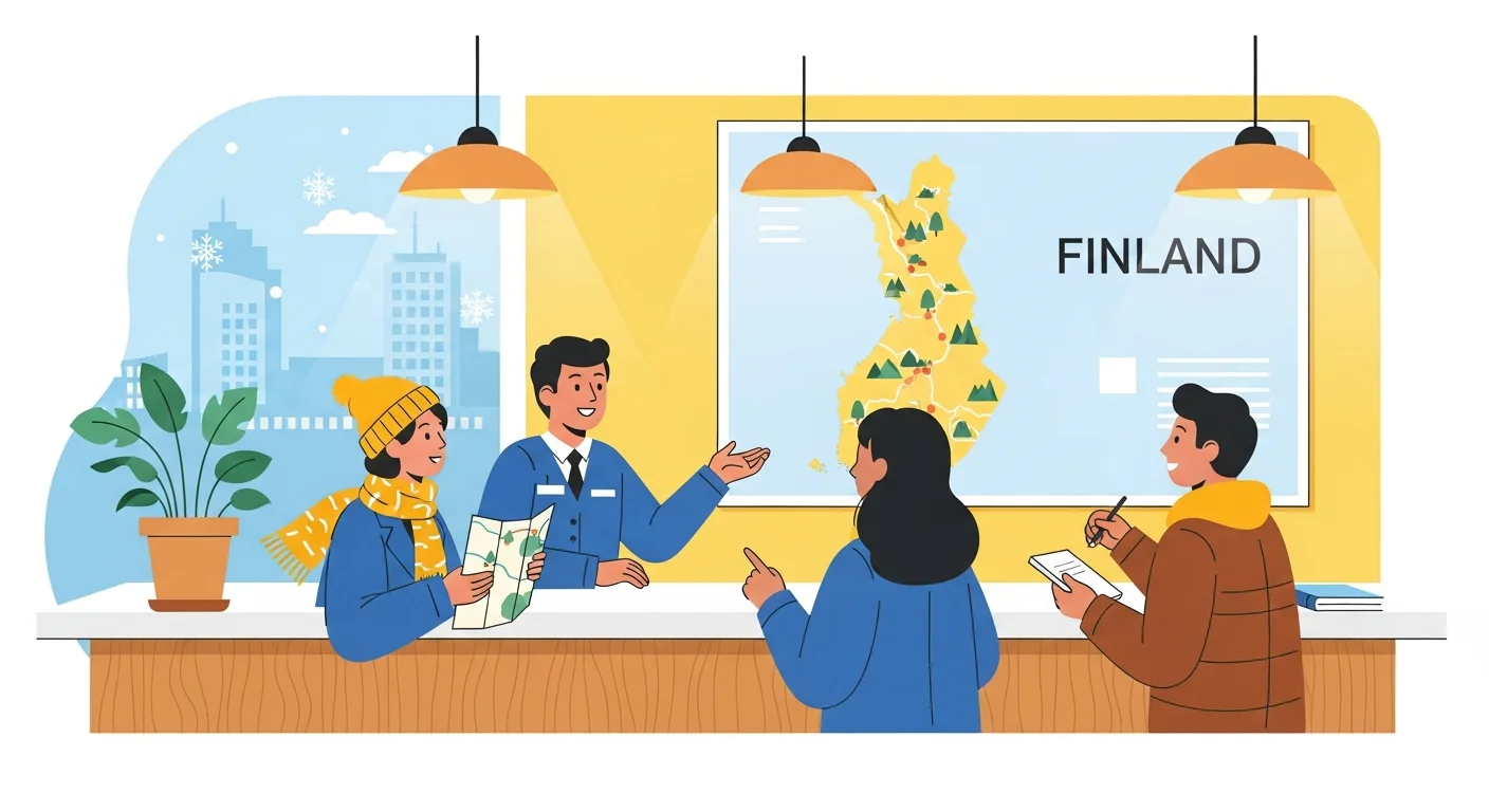 description of a warm illustration connecting language to daily Finnish life, showing people asking questions at a tourist information booth.