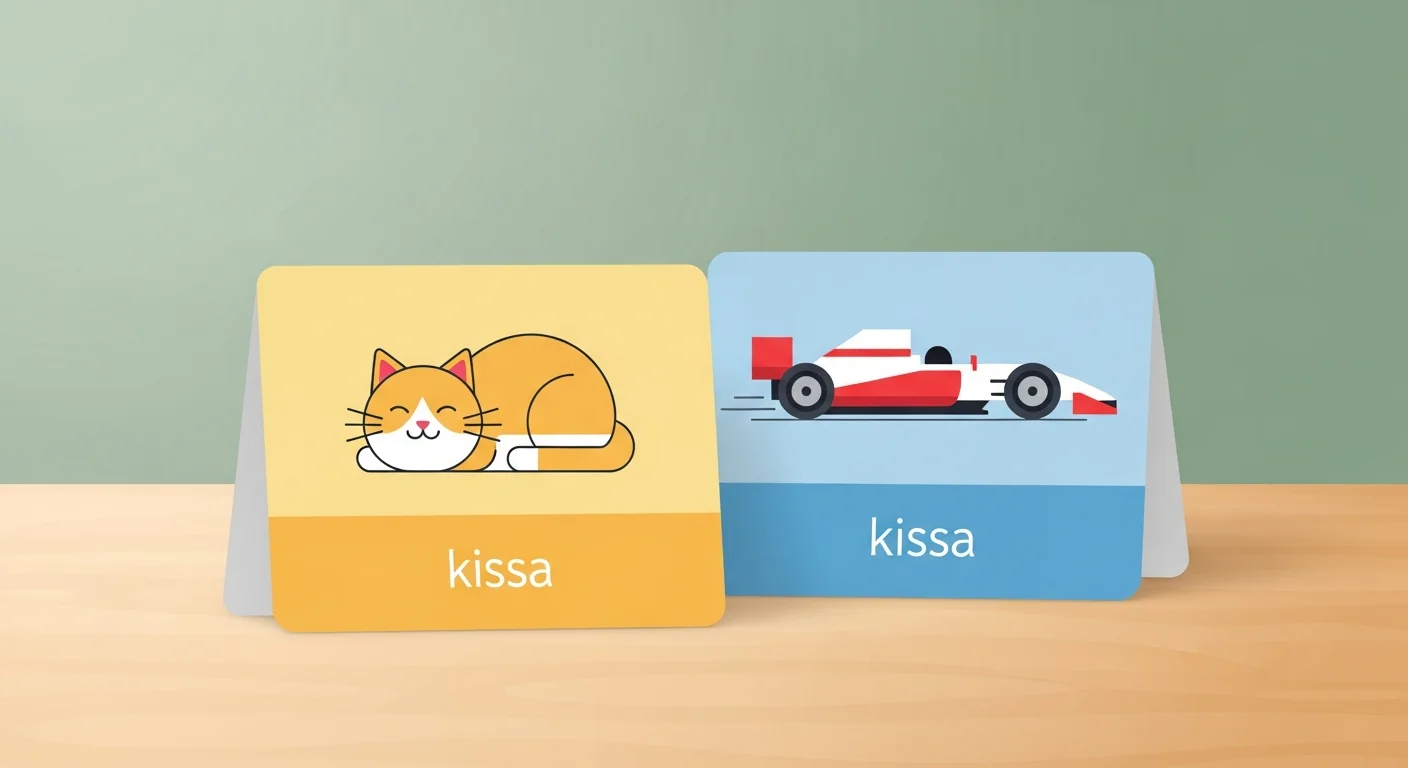 Colorful flashcards showing the words "kissa" and "kisa" with pictures of a cat and a race car respectively
