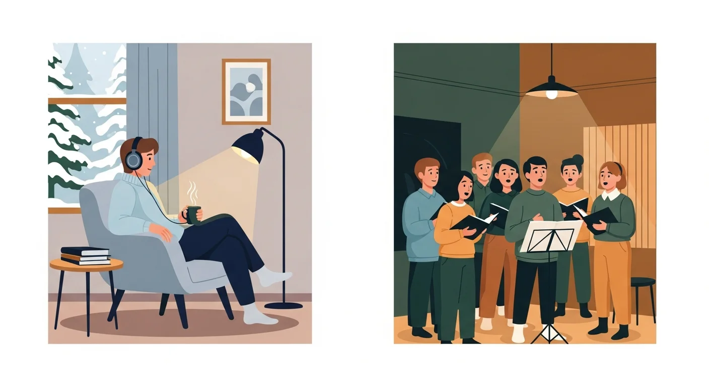 description of a warm illustration connecting language to daily Finnish life: A person is listening to music through headphones while another person is part of a choir.