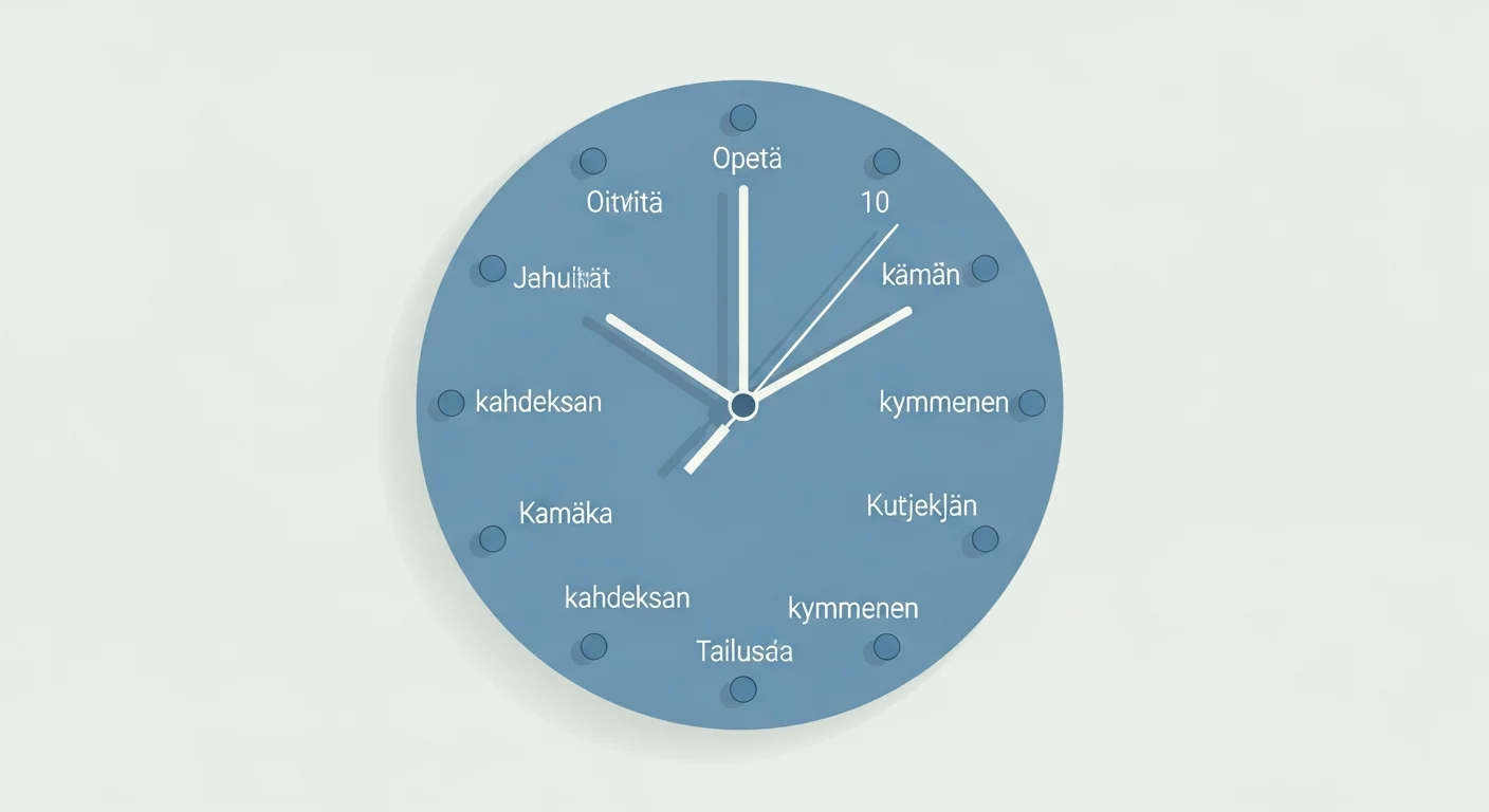 A simple clock face with the numbers 1-12, with the Finnish words for the hours written next to them