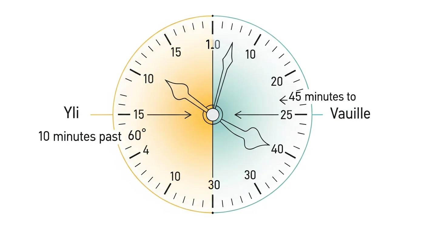 A split clock face. One side shows times with 'yli' marked, the other with 'vaille' marked, visually demonstrating the concept of minutes past and to the half hour.