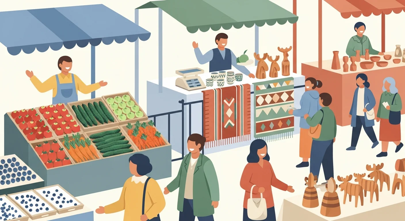 A bustling Finnish market scene with vendors selling fresh produce and handicrafts. People are smiling and interacting with each other.