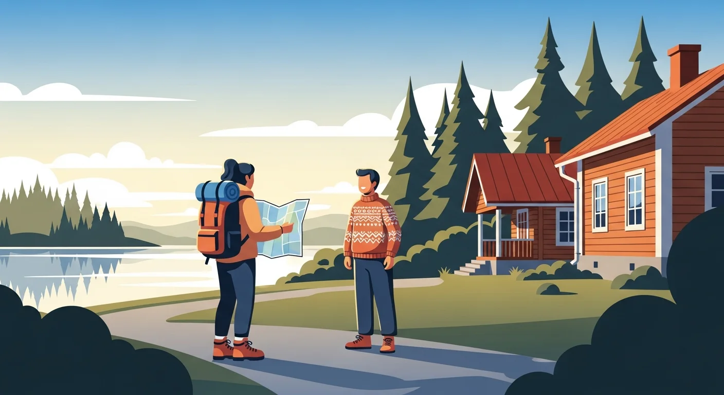An illustration showing a person holding a map and asking a local "Mistä löydän...?" with speech bubbles highlighting the phrase.