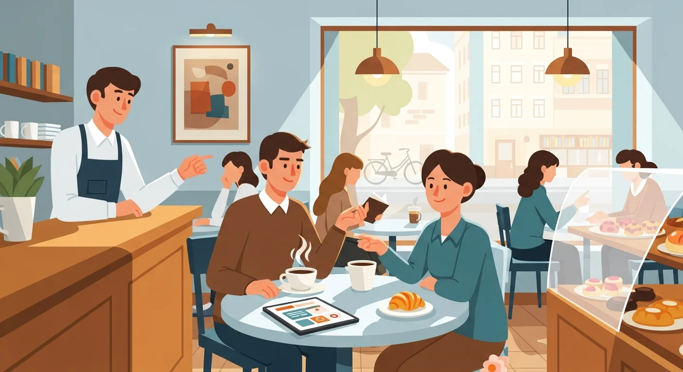 Cheerful illustration of a student practicing Finnish at a café, successfully asking for directions to a bookstore.