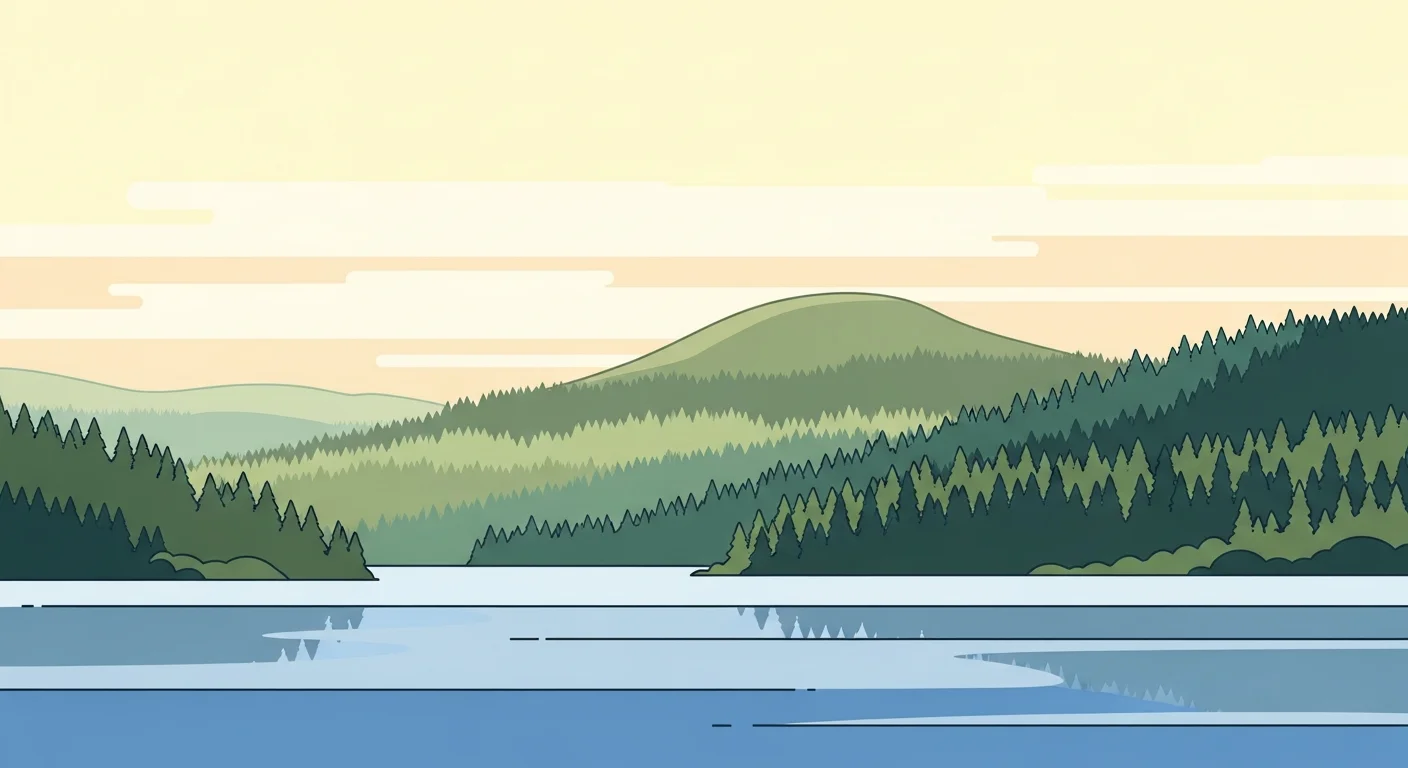 Illustration of a Finnish landscape featuring a lake, forest, and hill, with labels pointing to each in Finnish.