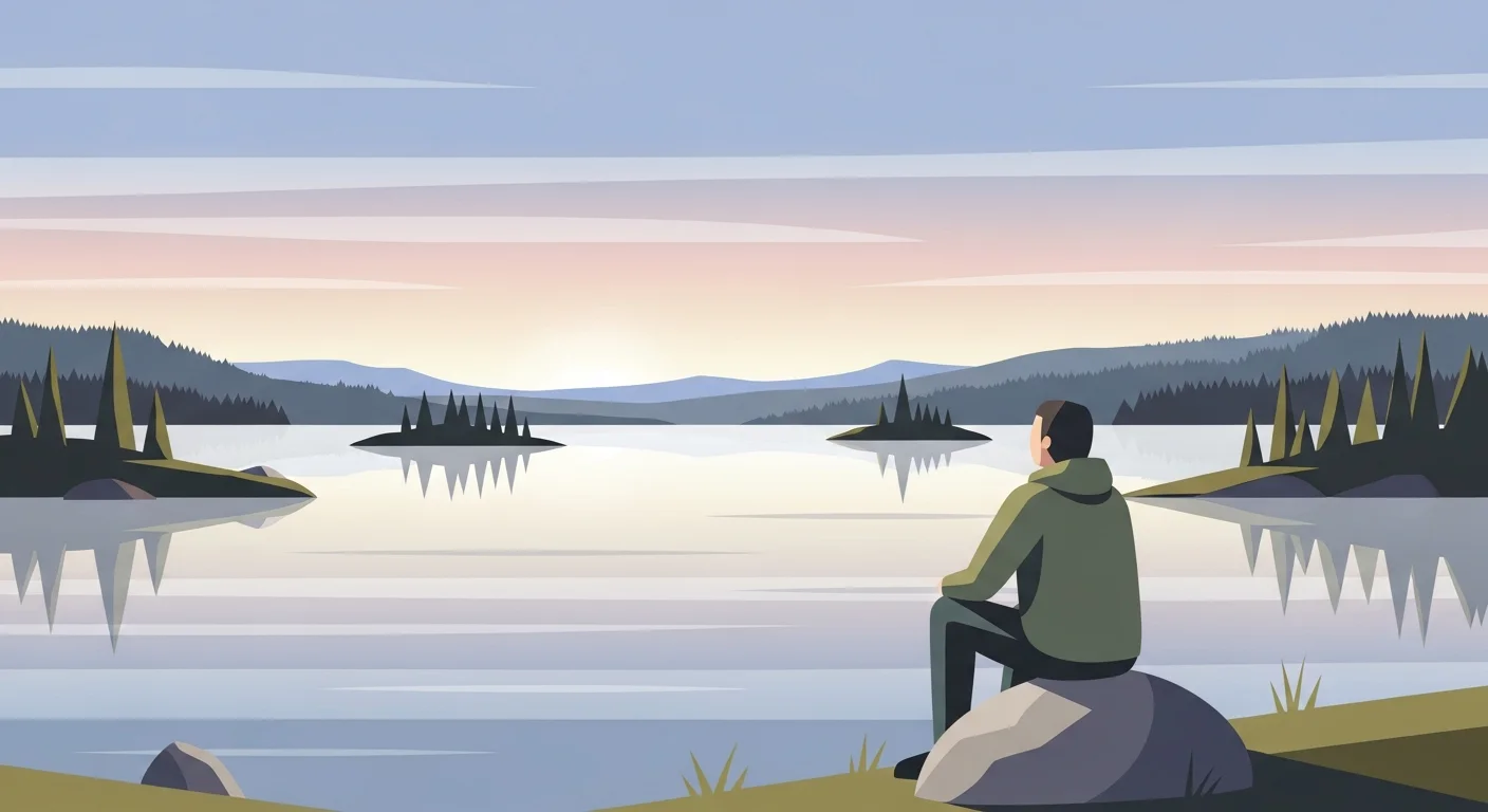Illustration of a person sitting by a lake in Finland, looking peaceful and enjoying the scenery.