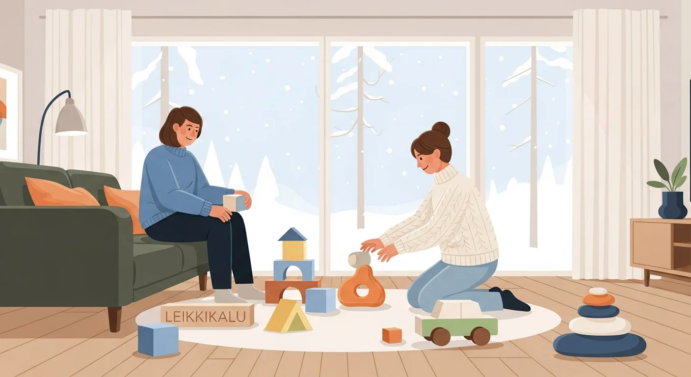 A happy family playing in a Finnish home, with toys scattered around and Finnish words like "leikkikalu" and "talonen" subtly incorporated into the scene.