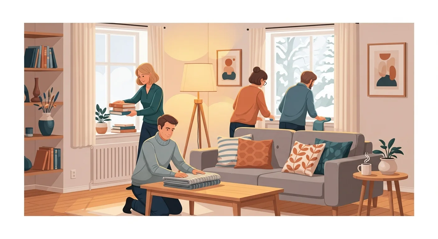A cozy illustration of a Finnish home interior. A family is depicted tidying up together, with warm lighting and a sense of cooperation.
