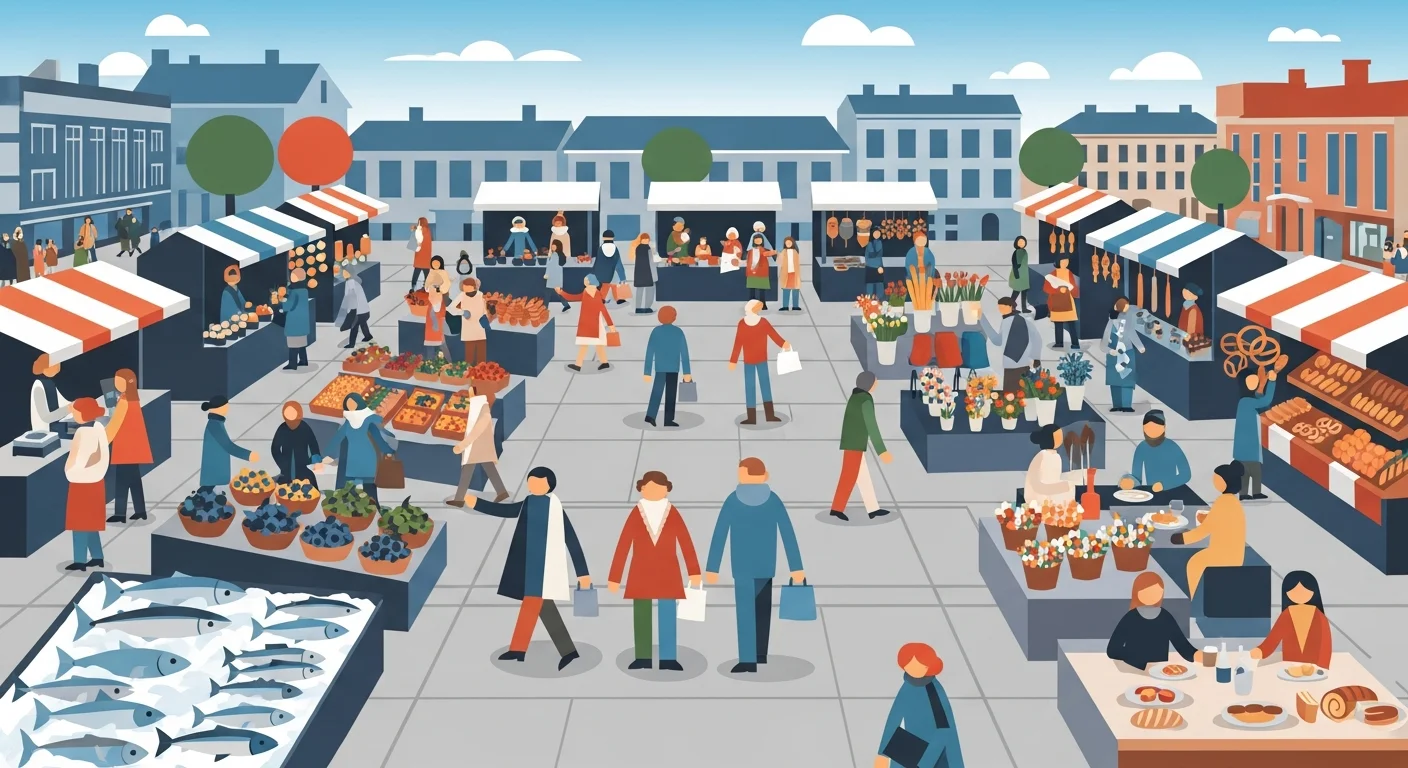 A bustling Finnish marketplace scene with vendors and customers interacting