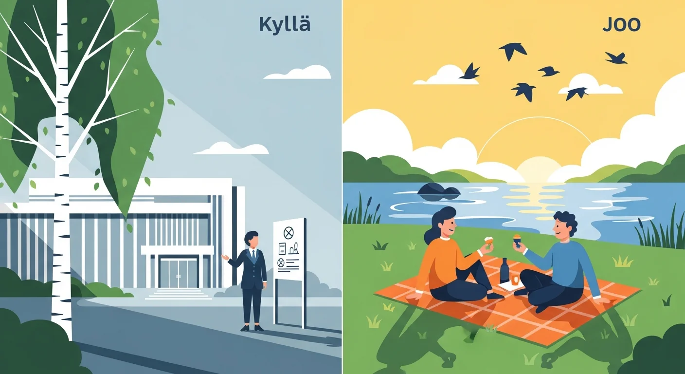 Educational flashcard-style illustration comparing the usage of "Kyllä" and "Joo" with example scenarios