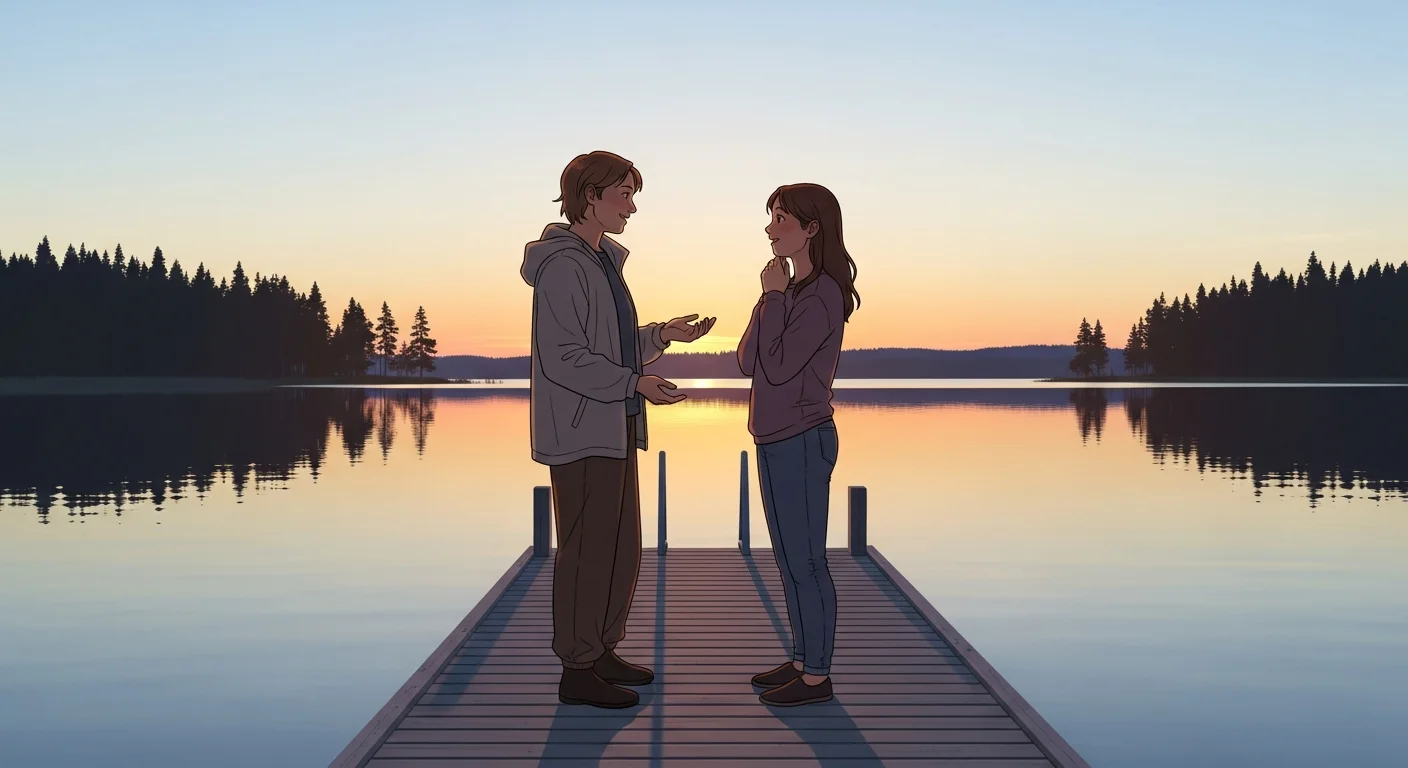 Cheerful illustration of a Finnish person complimenting another person with "Olet kaunein!" above them in a speech bubble.
