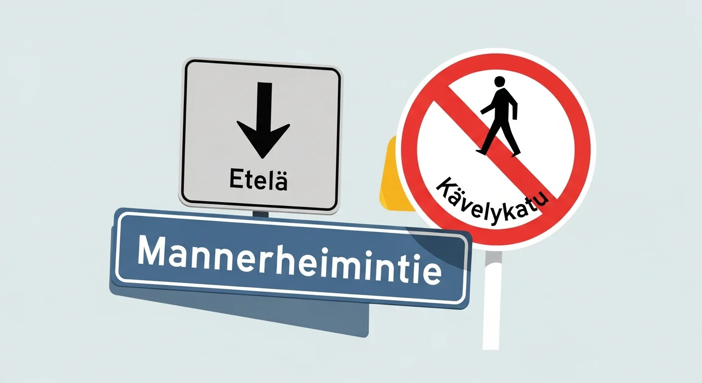 Illustration of different Finnish street signs: a blue street name sign (Mannerheimintie), a sign with cardinal directions (Etelä), and a sign indicating a pedestrian zone (kävelykatu)