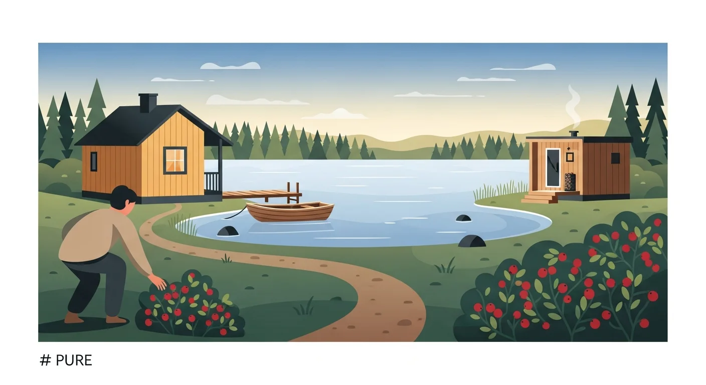 A cozy illustration showing a Finnish family enjoying a lakeside cottage, with a sauna nearby and someone picking berries in the foreground, connected by a sense of calm and togetherness